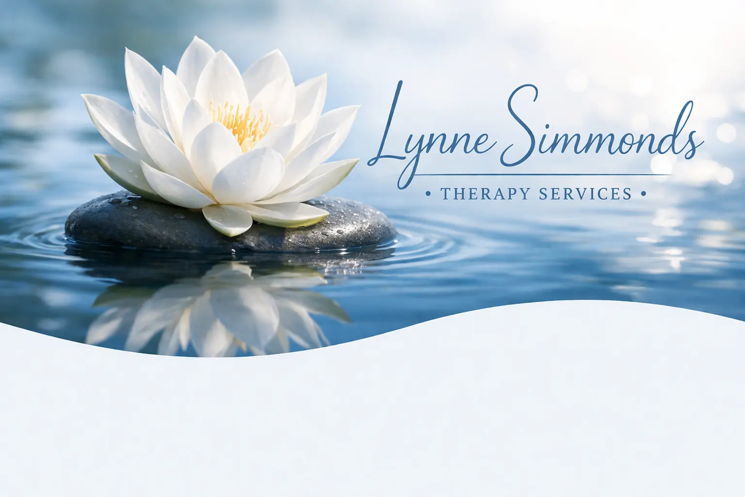 Calm lotus in serene water with Lynne Simmonds Therapy Services text